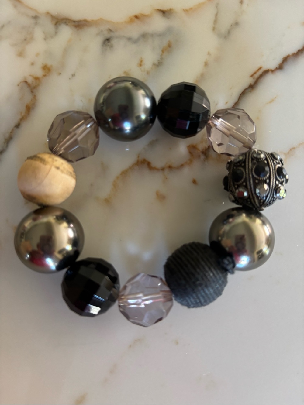 Mixed Bead Stretch Bracelet in Black and Gray